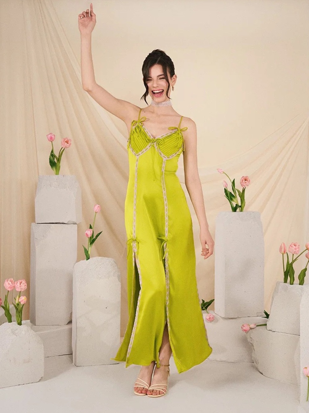 Betsey Johnson x Forever 21 Limited Green Satin Maxi Slip Dress with Lace Trim 🎀
